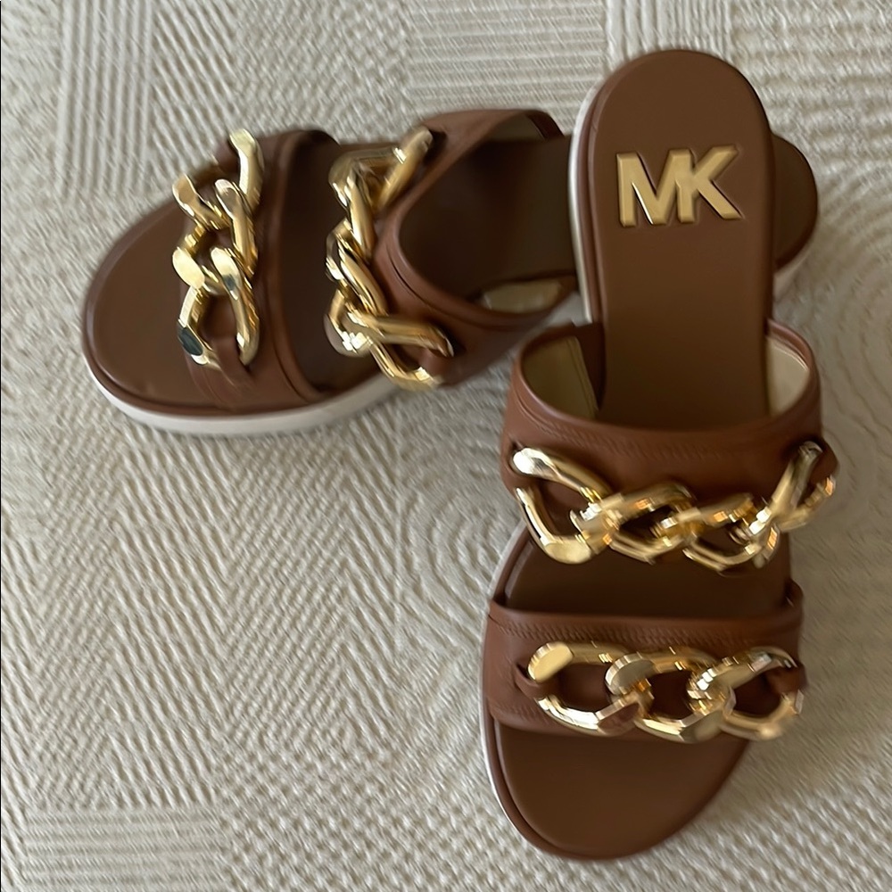 Michael Kors Brown Slides with Gold Chain